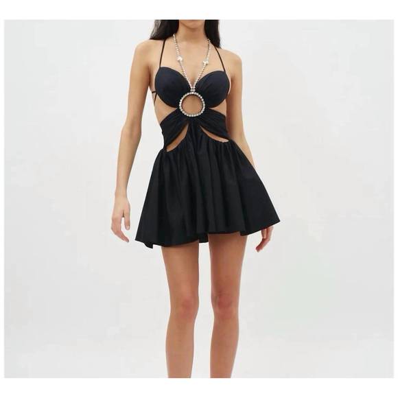 NEW AREA gathered butterfly poplin mini dress in black - Picture 1 of 2